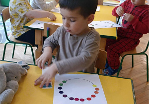 Dzieci wyklejają kontur koła za pomocą naklejek w kształcie koła.